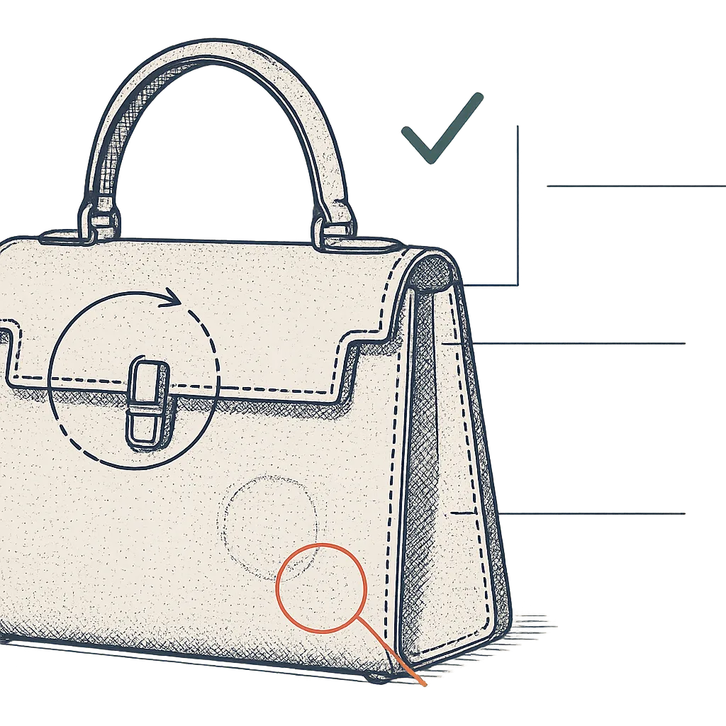 A structured top-handle handbag drawn in ink line with hatched shading, a dashed circular arrow tracing a conditioning cloth's motion across the flap, an orange magnifier ring over a faint water-ring mark near the base, leader lines to its panels, and a teal check above the clean side.