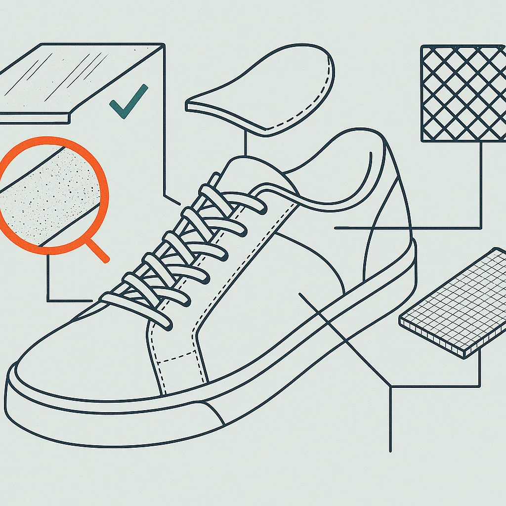 A trainer drawn exploded into its material panels — hatched swatches of leather, suede, canvas, and mesh pulled apart on paper, leader lines running to each, with an orange magnifier ring hovering over the suede panel.