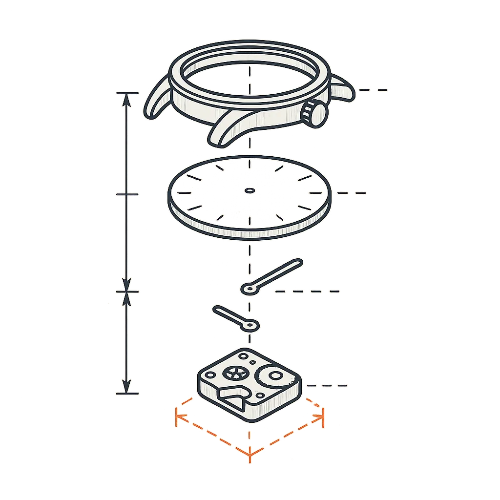 Technical line drawing of a wristwatch exploded into layers — case, dial, and hands lifted apart — with a small movement block drawn beneath them and an orange dashed price-tag bracket around the movement alone.
